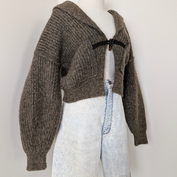 Tribal Knit Cardigan Cropped Long Balloon Sleeve Single Button Closure Collar - Picture 9 of 12